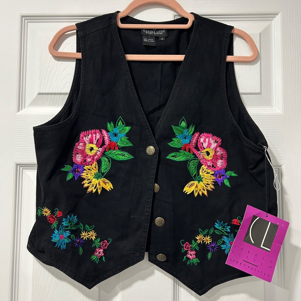 NWT Carole Little Medium Folk Art-to-Wear Floral Black Jean Vest Jacket
